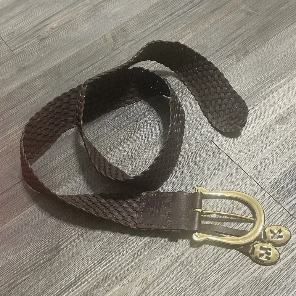 MICHAEL Michael Kors Brown Gold Braided Leather Belt XL Boho Woven MK Charm Wide